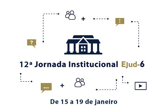 Card de fundo branco, com a ilustração de um prédio que denota uma escola. Ao redor do prédio, veem-se ícones em um fluxo de informação. Abaixo, lê-se: 12ª Jornada Institucional Ejud-6. De 15 a 19 de janeiro/2024