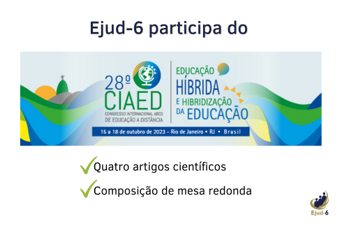 Card de fundo branco, onde se lê, a partir do topo, centralizado: “Ejud-6 participa do “28º Congresso Internacional ABED de Educação a Distância (arte do evento, com ilustração do Cristo Redentor no fundo, onde consta, ainda “Educação Híbrida e hibridização da educação. 15 a 18 de outubro de 2023 - Rio de Janeiro, RJ, Brasil”. Abaixo da arte do evento, continua o letreiro: Quatro artigos científicos; Composição de mesa redonda. Marca da Ejud-6 assina, no canto inferior direito.