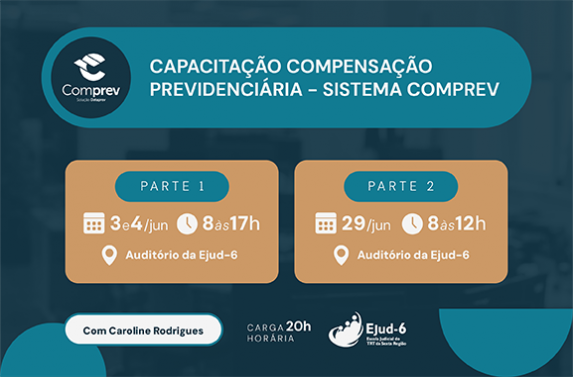 Cartaz anuncia capacitação “Compensação previdenciária - Sistema Comprev”, com instrutoria de Caroline Rodrigues. O material informa duas etapas do curso: parte presencial nos dias 3 e 4 de junho, das 8h às 17h, no auditório da Ejud-6; e parte online no dia 29 de junho, das 8h às 12h. A carga horária total é de 20 horas. Logotipo da Ejud-6 no canto inferior direito. 