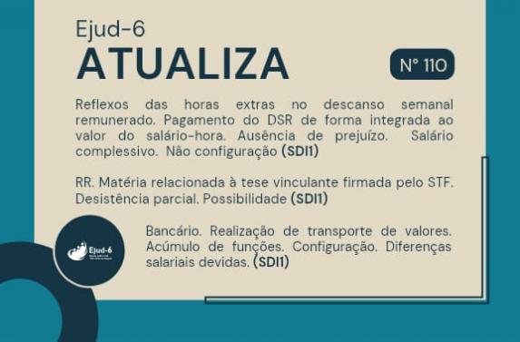 #paratodomundoler Card de fundo claro e moldura azul, onde se lê:  Ejud-6 Atualiza. Em seguida, as as manchetes dos entendimentos jurisprudenciais detalhados no texto que vem na sequência e N. 110 (edição). Marca da Ejud-6 