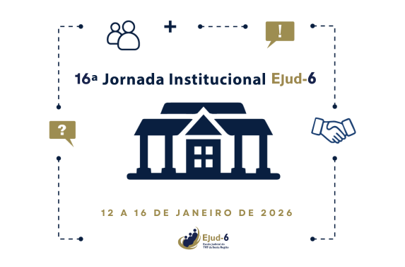 Card de fundo branco, com a ilustração de um prédio que denota uma escola. Ao redor do prédio, veem-se ícones em um fluxo de informação. Abaixo, lê-se: 16ª Jornada Institucional Ejud-6. De 12 a 16 de janeiro