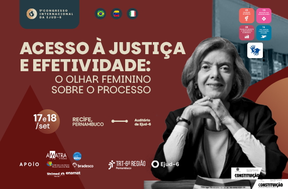 #Paratodomundover Card de divulgação do 5º Congresso Internacional da Ejud-6. No centro, aparece a foto em preto e branco da ministra Cármen Lúcia sentada à mesa, com as mãos apoiadas uma sobre a outra e expressão serena. O evento tem como tema “Acesso à Justiça e Efetividade: o Olhar Feminino sobre o Processo” e homenageia a ministra Cármen Lúcia. Também constam as datas 17 e 18 de setembro, o local — Auditório da Ejud-6, no Recife — e referências à participação de palestrantes do Brasil, Venezuela e Itáli